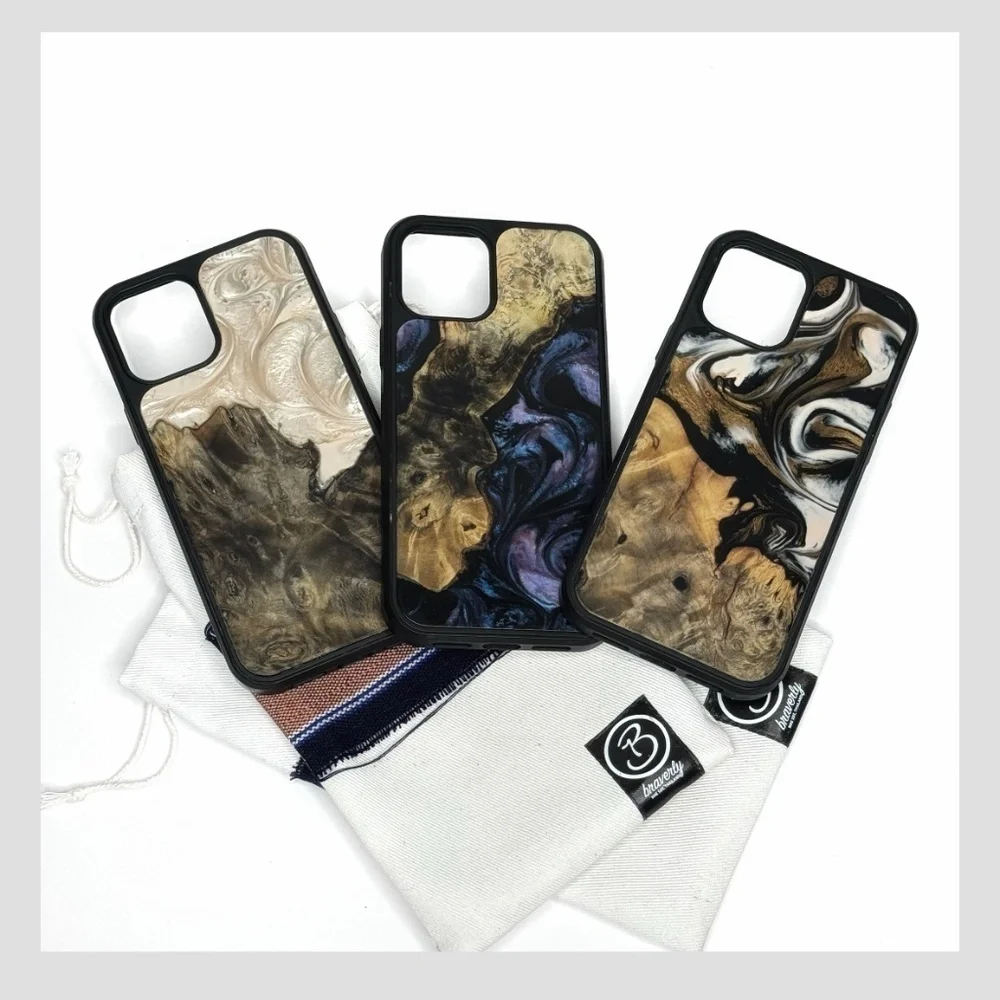 Carved iPhone 12 Pro Case (3) One Of A Kind Burl Wood Epoxy Resin Carved Magnet